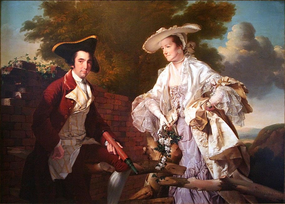 man and woman near brick wall painting, joseph wright, portrait