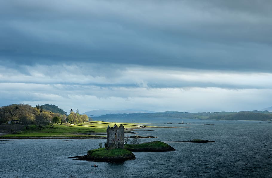 Castle Stalker, small island beside body of water, lake, landscape
