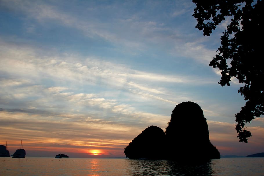 Island, Rock, Sunset, Shadow, Sea, Ocean, thailand, boot, coast HD wallpaper