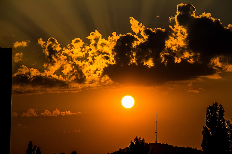 sunset, clouds, bill, mountain, transmission tower, sky, cloud - sky HD wallpaper