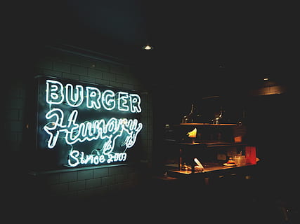 Burger Hungry neon signage mounted on white painted wall, Burger Hungry LED signage HD wallpaper