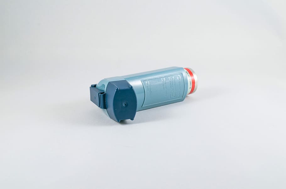 blue inhaler on white surface, breath, asthma, breathing, medicine