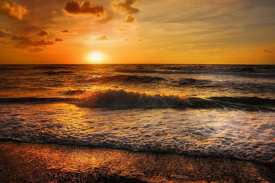 silhouette photo of waves of body of water, denmark, sun, summer HD wallpaper