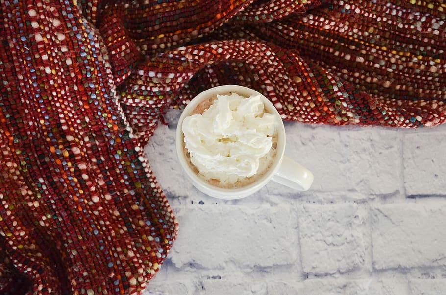 white ceramic mug near red textile, white mug surrounded with red textile HD wallpaper