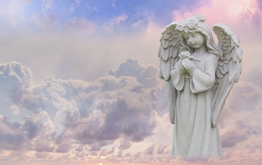 white angel statue with white clouds, sky, wing, guardian angel