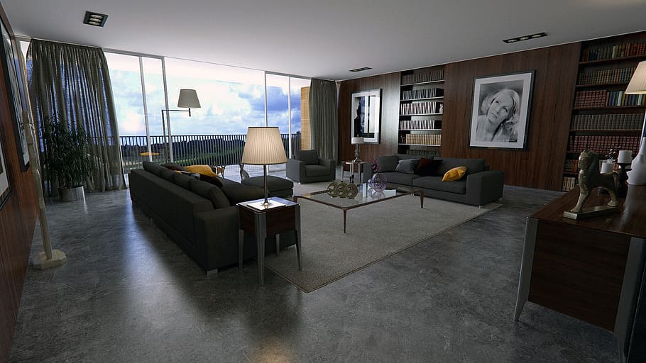 black couch with two armchairs, room, apartment, interior design HD wallpaper