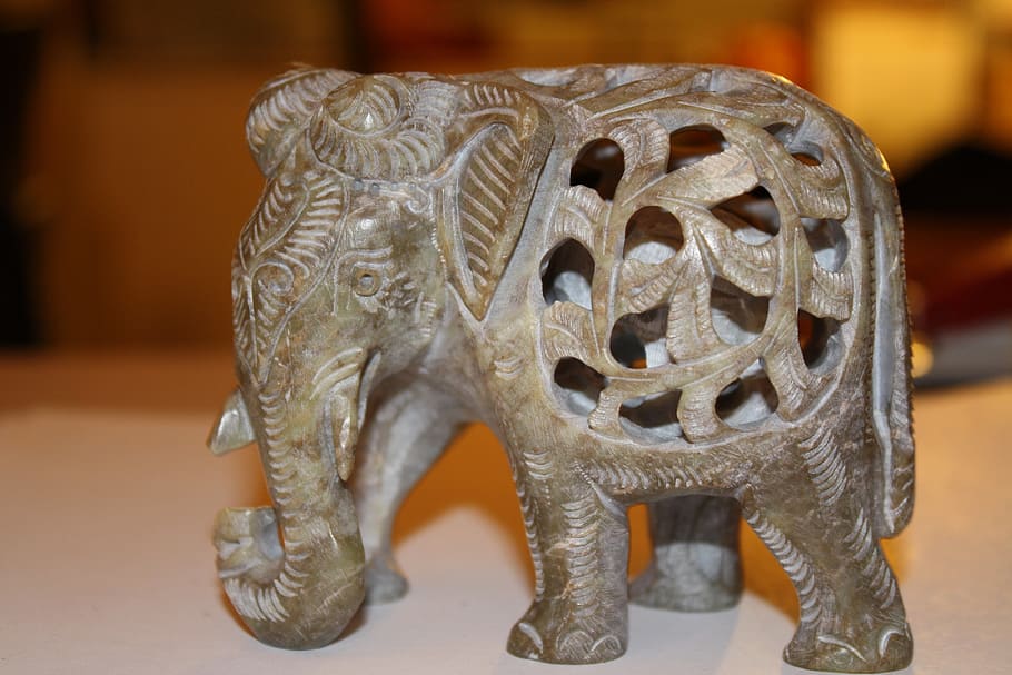 grey elephant table decor on white surface, carving, indian, animal, HD wallpaper