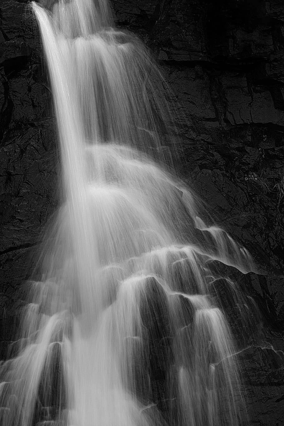 grayscale photo of waterfall, close-up photo of waterfall, rock HD wallpaper