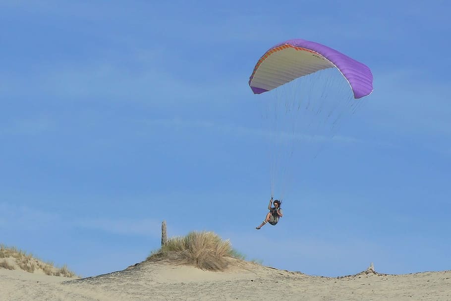 paragliding, sand, nature, summer, blue sky, outdoor, flight HD wallpaper