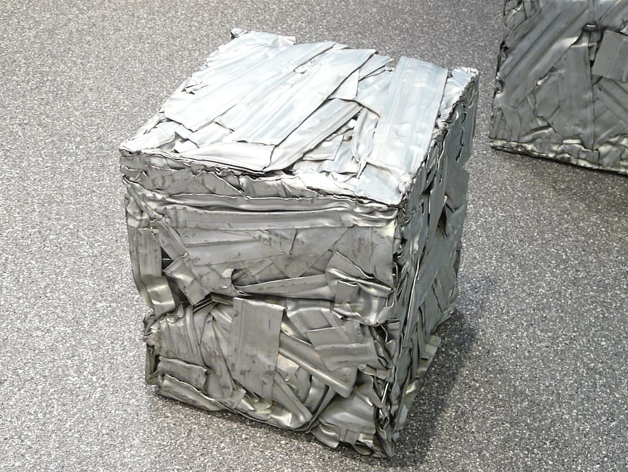gray tile cube on gray surface, Auto, Pressed, Scrap, Metal, pressed together