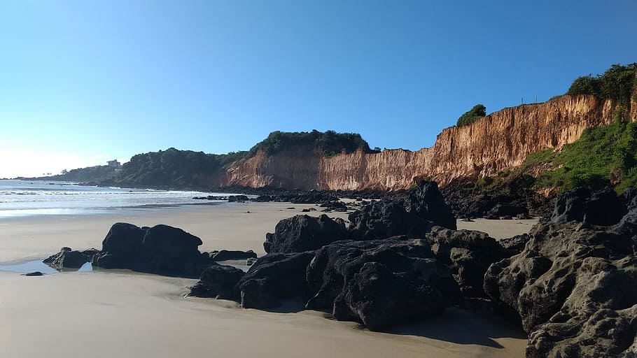 seaside, beach, cliff, tropical, sand, ocean, nature, relax HD wallpaper