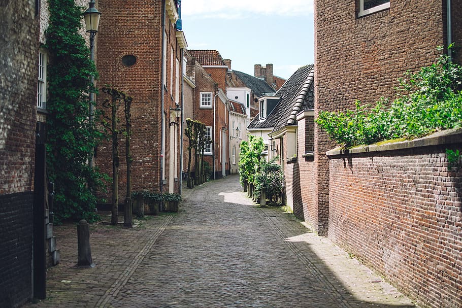 pathway in the middle of buildings, brown wall bricked houses