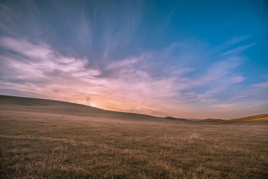 grass field during daytime, brown, blue, sky, white, clouds HD wallpaper