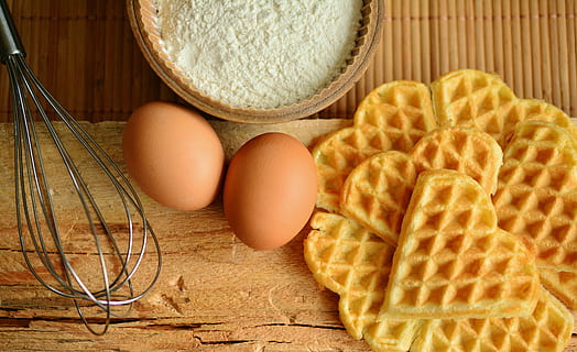 waffle, eggs, flour and whisk with chopping board, waffles HD wallpaper