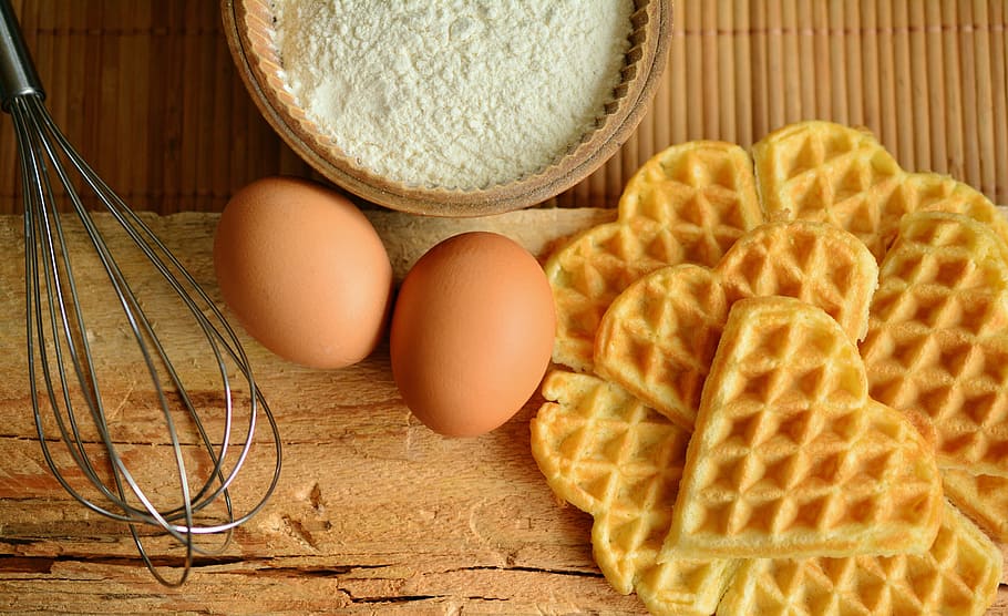 waffle, eggs, flour and whisk with chopping board, waffles HD wallpaper