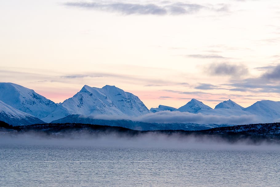 snow-covered mountain beside lake, arctic, winter, ice, norway HD wallpaper