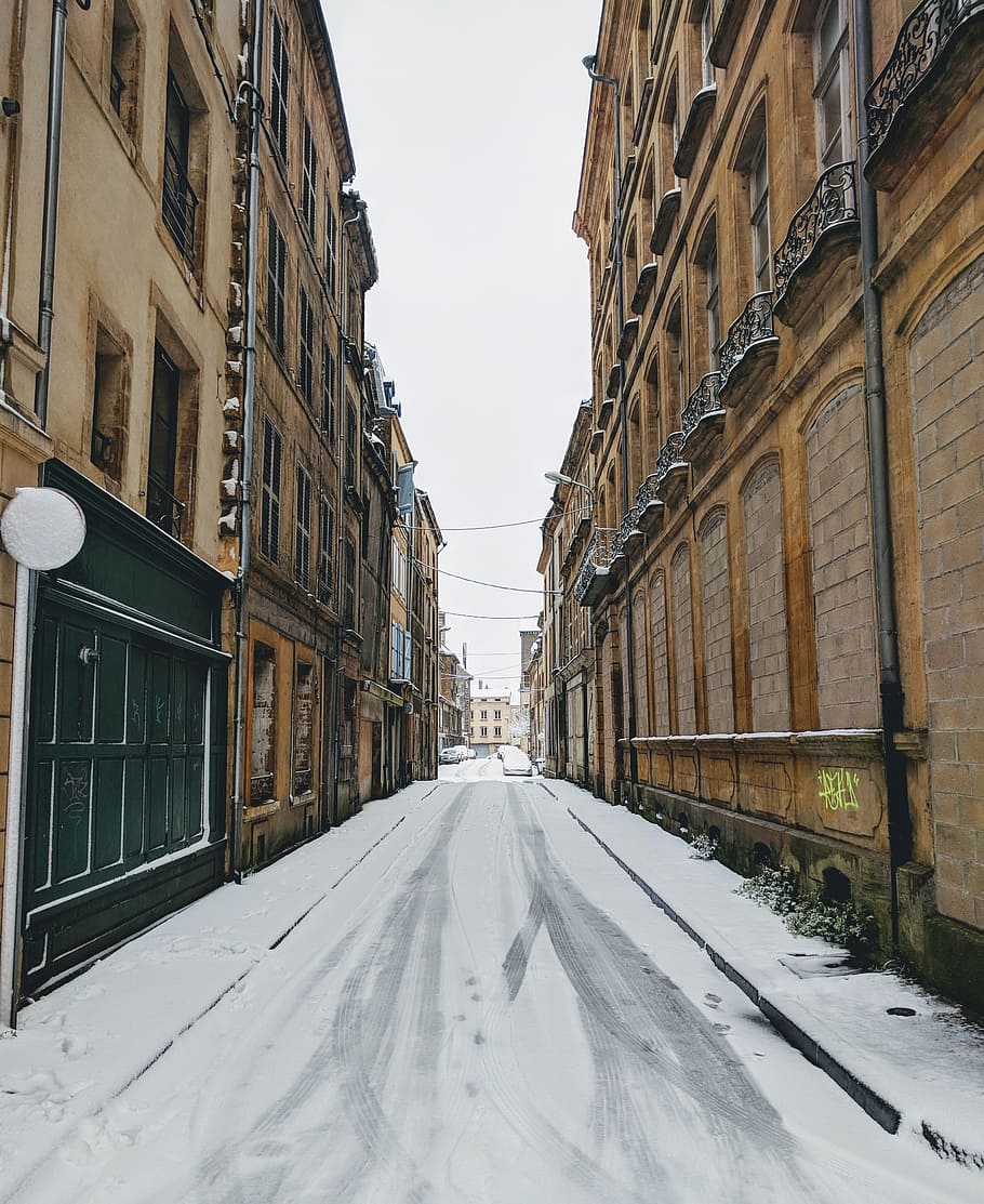 snow, winter, street, cold, sedan, france, empty, architecture HD wallpaper