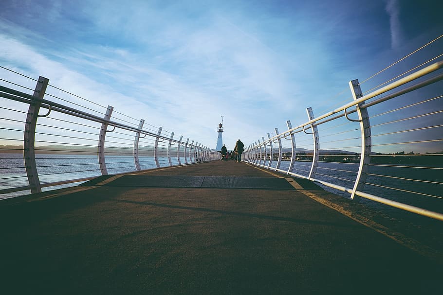 bridge, lighthouse, ocean, sea, travel, water, sky, railing HD wallpaper