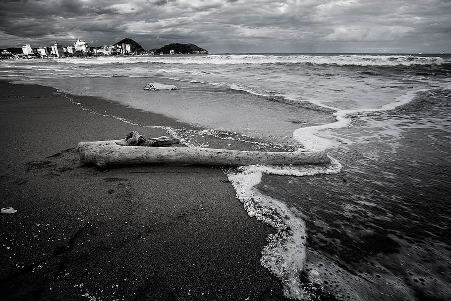 sea, waves, wood, cloud, beach, water, land, cloud - sky, day HD wallpaper