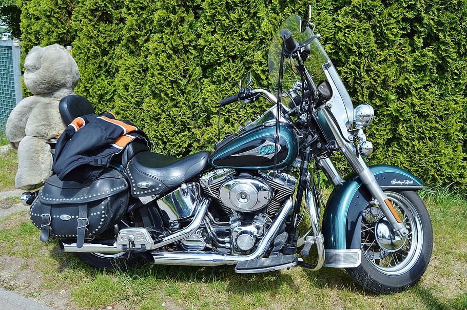 motorcycle, harley davidson, blue, silver, side view, saddlebags HD wallpaper