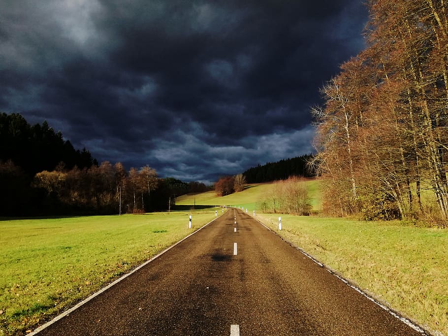 road, clouds, nature, trees, sky, landscape, atmospheric, clouded sky HD wallpaper
