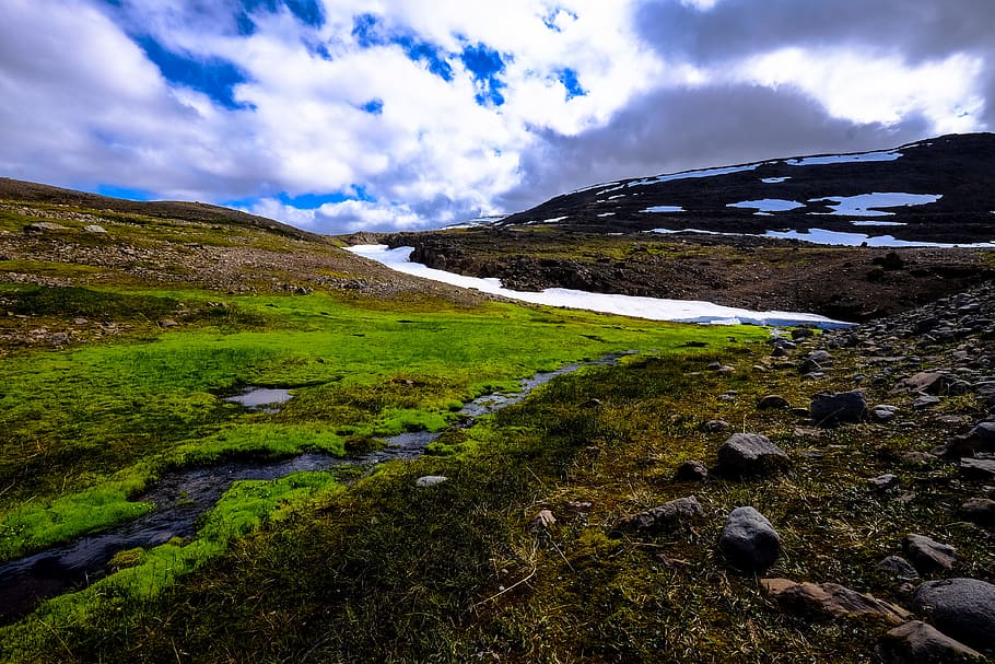 snow, dawn, landscape, nature, clouds, daylight, grass, hill HD wallpaper