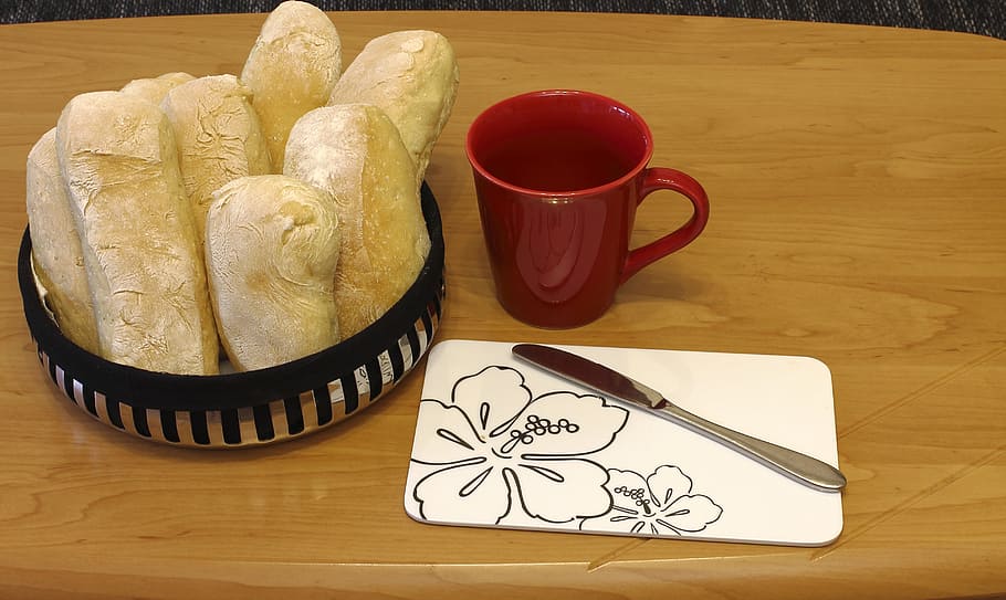 coffee, cup, breakfast, loaf, roll, food, eat, flour, bakery HD wallpaper
