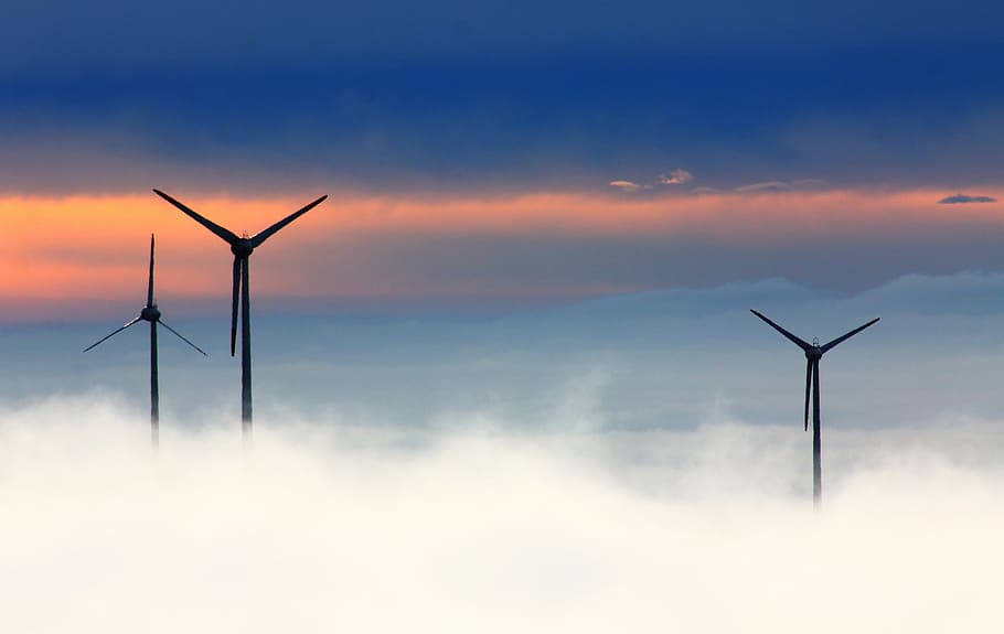 clouds, fog, silhouette, sky, wind turbines, windmills, fuel and power generation HD wallpaper