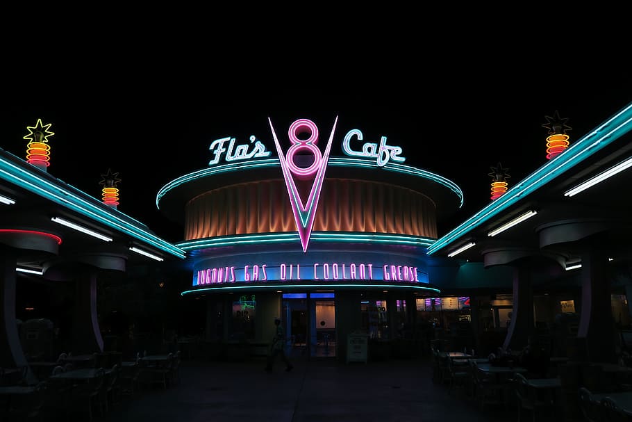 Flo, Café, Disneyland, Racers, Neon, flo's café, sign, street, HD wallpaper