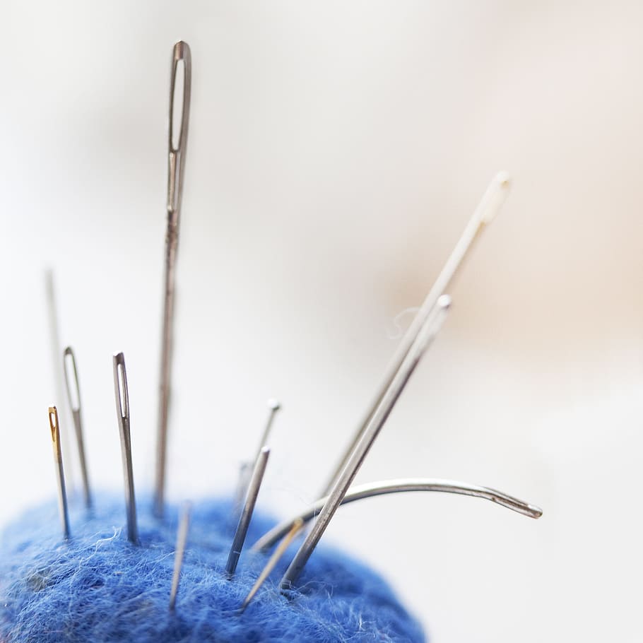 closed up photo of thread needle, sewing, eye, blue, sewing thread HD wallpaper