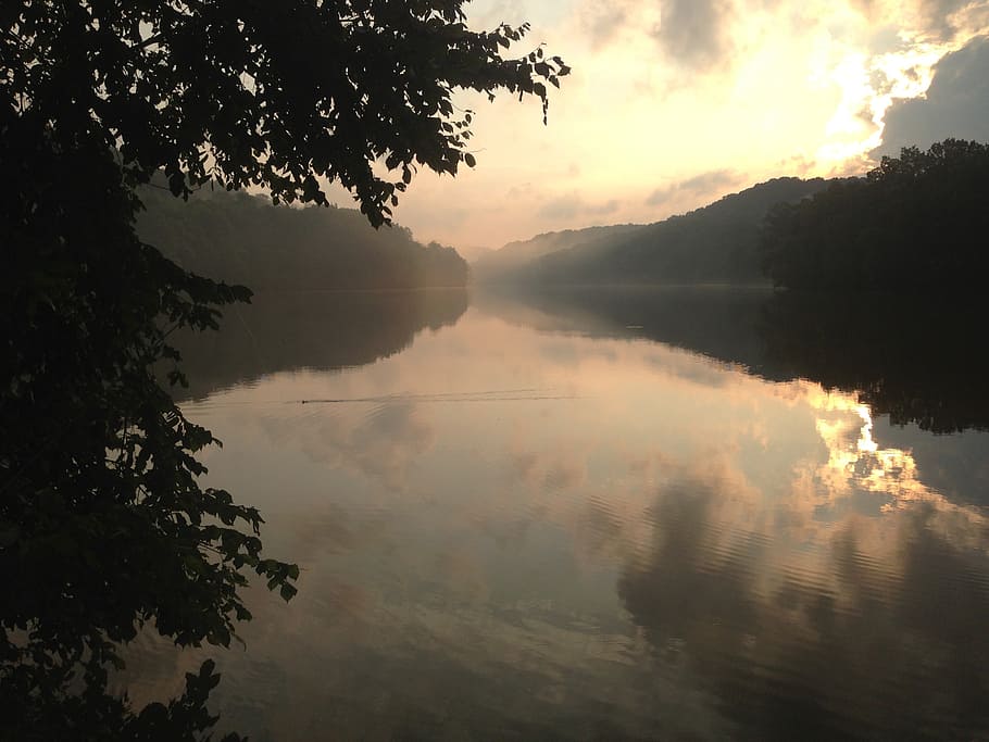 lake, cloud, water, tree, sun, reflection, mountain, scenery HD wallpaper