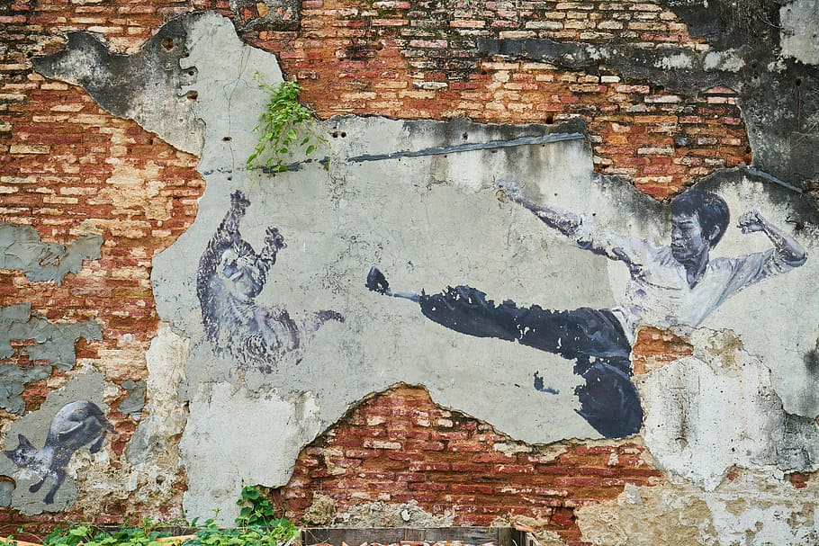 Bruce Lee kicking mural on brick wall, graffiti, art, pictures, HD wallpaper