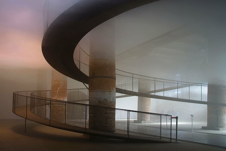 foggy concrete stairway inside building at daytime, architecture HD wallpaper