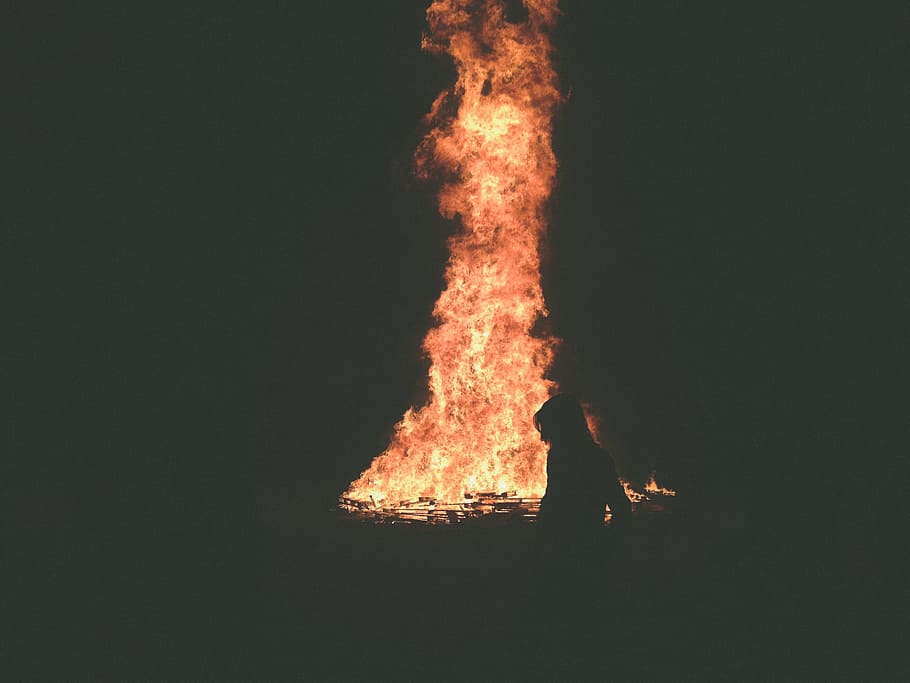 Fire photography, silhouette of person near bonfire, woman, flame, HD wallpaper