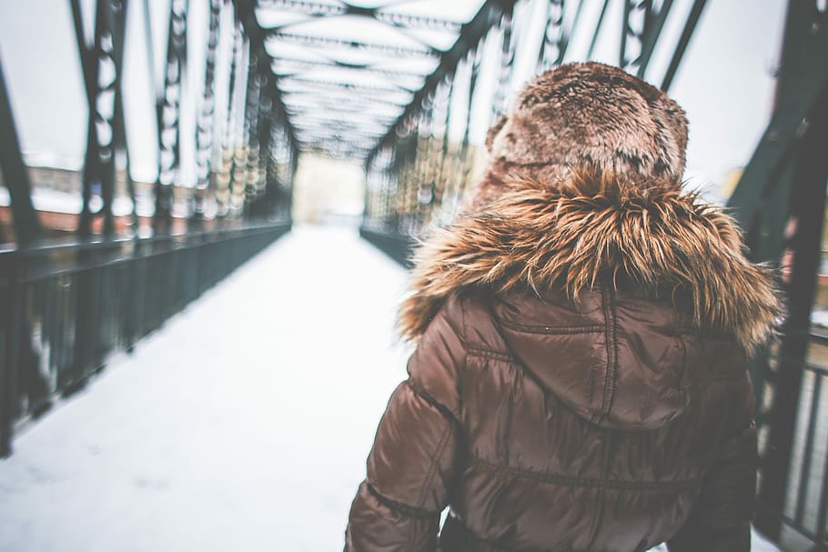 Girl in Winter Fashion Coat, bridge, cold, iron, people, snow