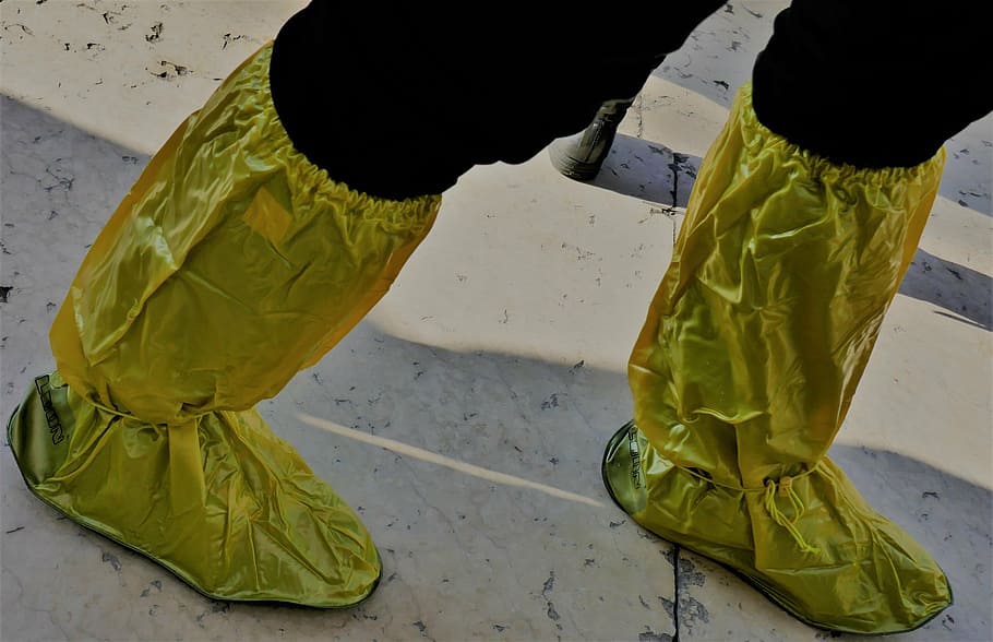 rubber boots, overshoes, rain shoes, yellow, trousers, high water
