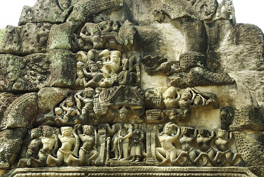 gray concrete decor, cambodia, angkor, temple, bayon, ruin, bas-relief, HD wallpaper