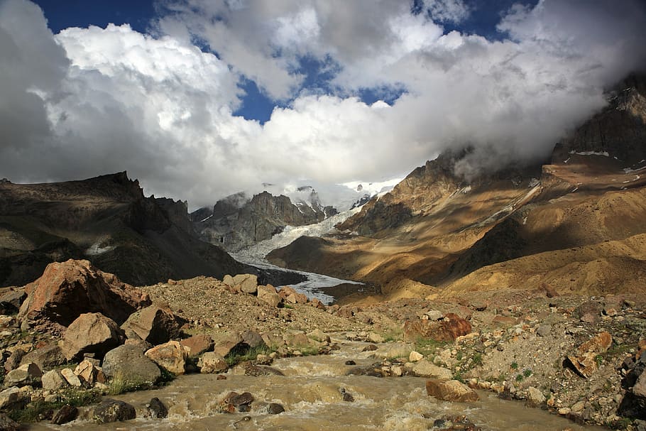 elbrus, mountain, clouds, height, mountaineering, snow, sun, HD wallpaper
