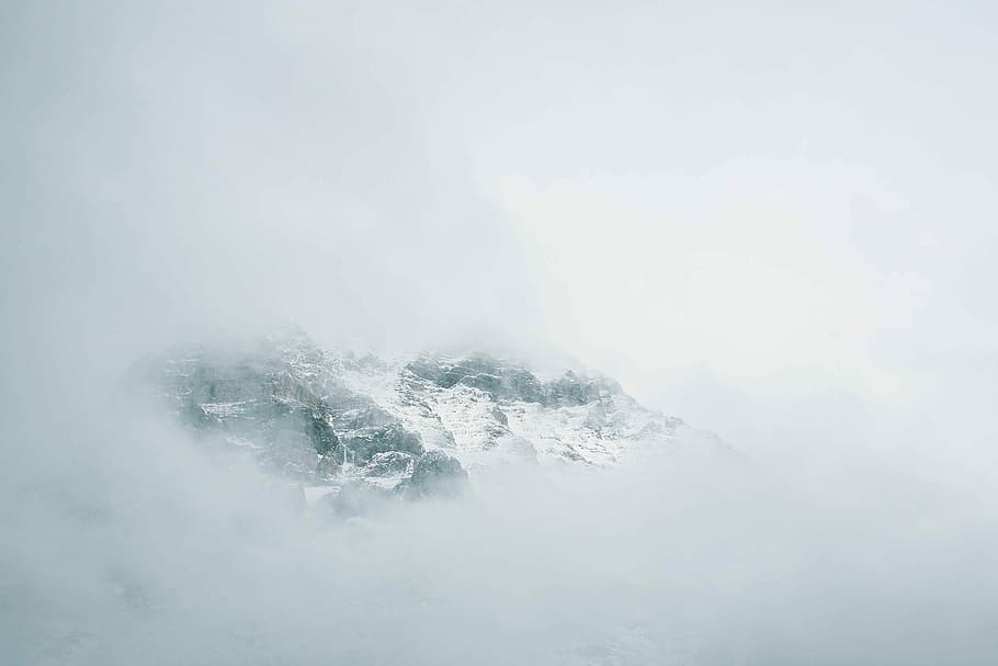 landscape foggy snowy mountain, high-angle photography of mountain HD wallpaper