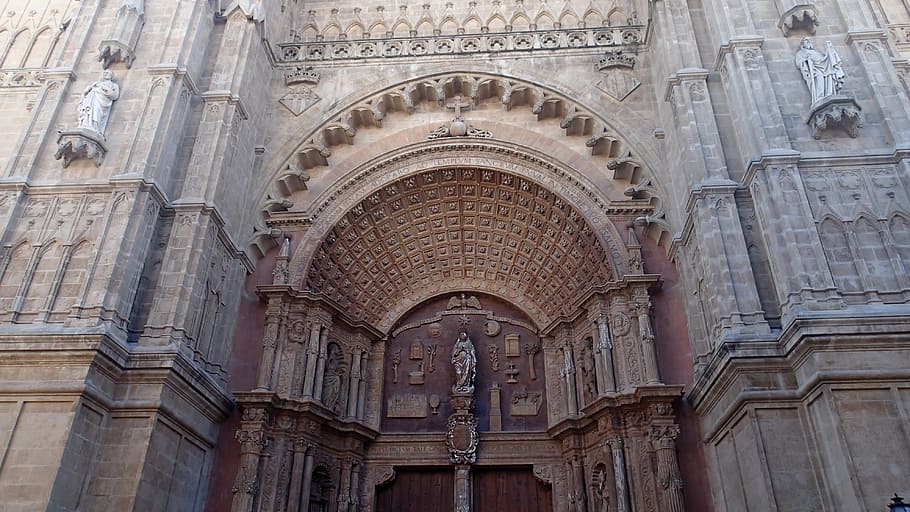 beige and red painted cathedral, palma cathedral, entrance, portal, HD wallpaper