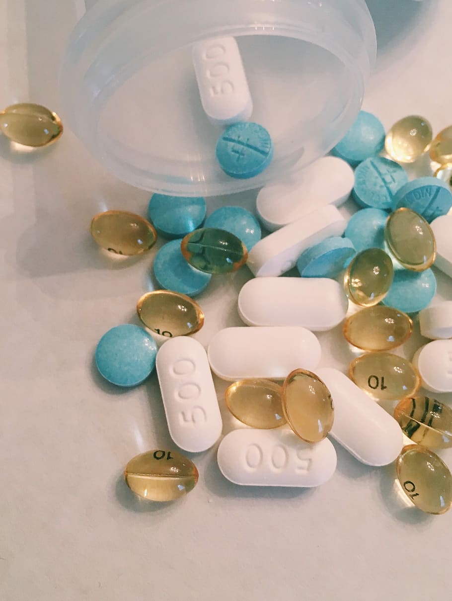 assorted-color medication pills, tablet and pill lot with canister HD wallpaper