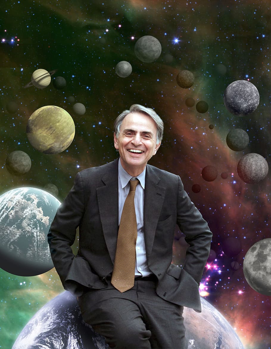 smiling man sitting on earth illustration, Carl Sagan, Astronomer, HD wallpaper