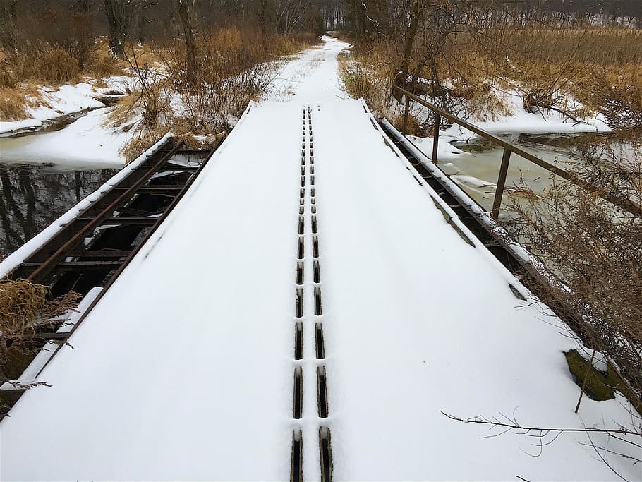 Snow, Trail, Bridge, Winter, Cold, nature, outdoor, white, landscape HD wallpaper