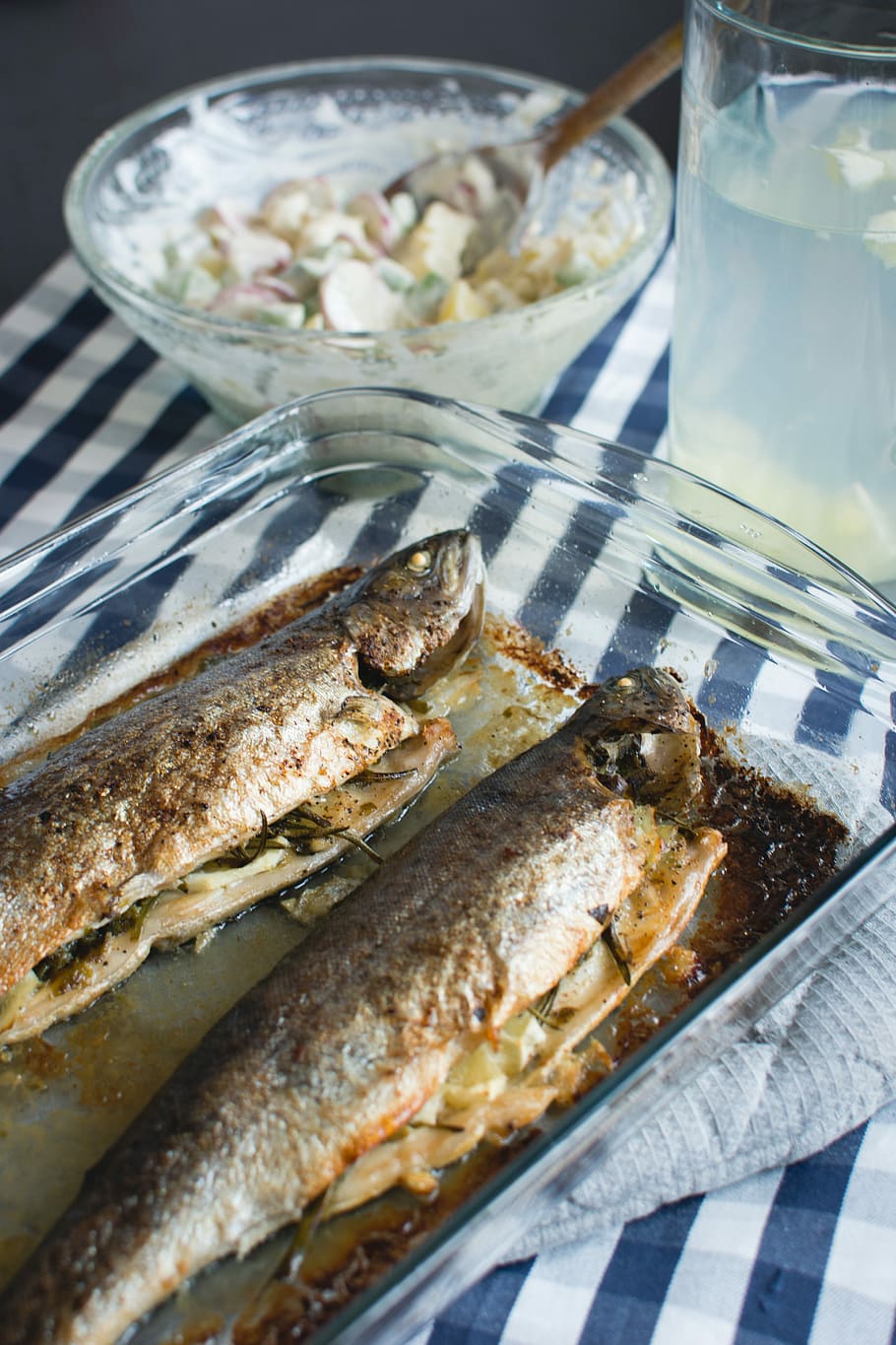 Baked fish with potato salad, homemade, food, gourmet, freshness HD wallpaper