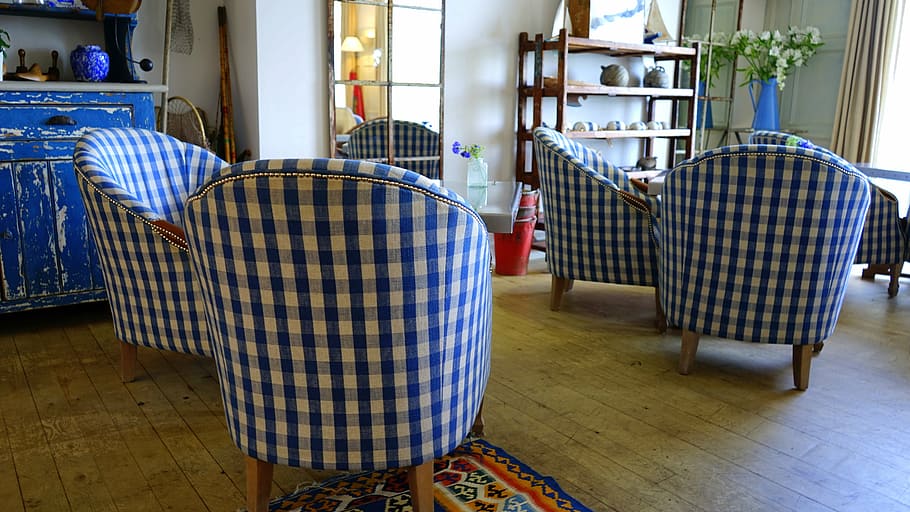 blue and white checked chairs in room, home, interior, house HD wallpaper