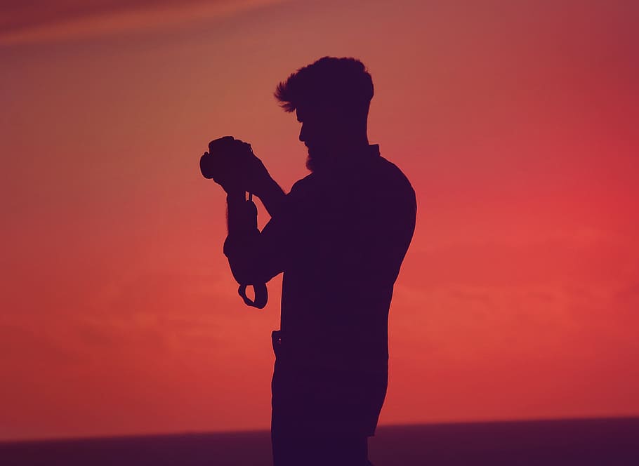 people, man, silhouette, shadow, camera, photographer, orange HD wallpaper