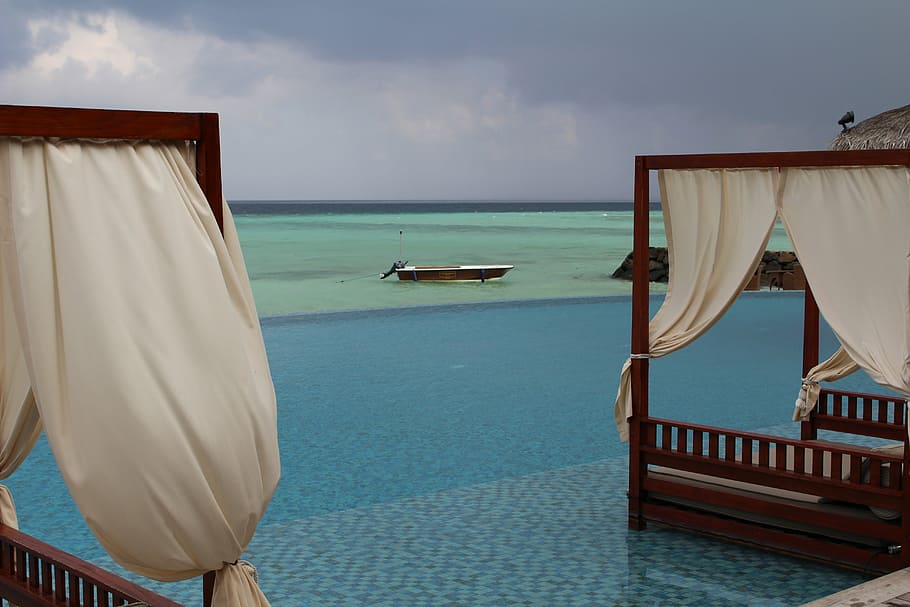 maldive, beach, pool, sea, vacations, summer, luxury, nautical Vessel HD wallpaper