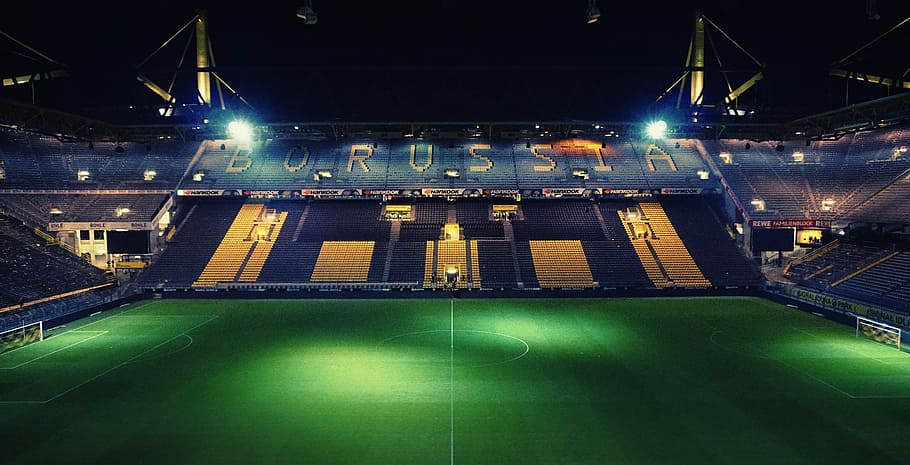 lighted soccer field, Borussia football stadium during night, HD wallpaper