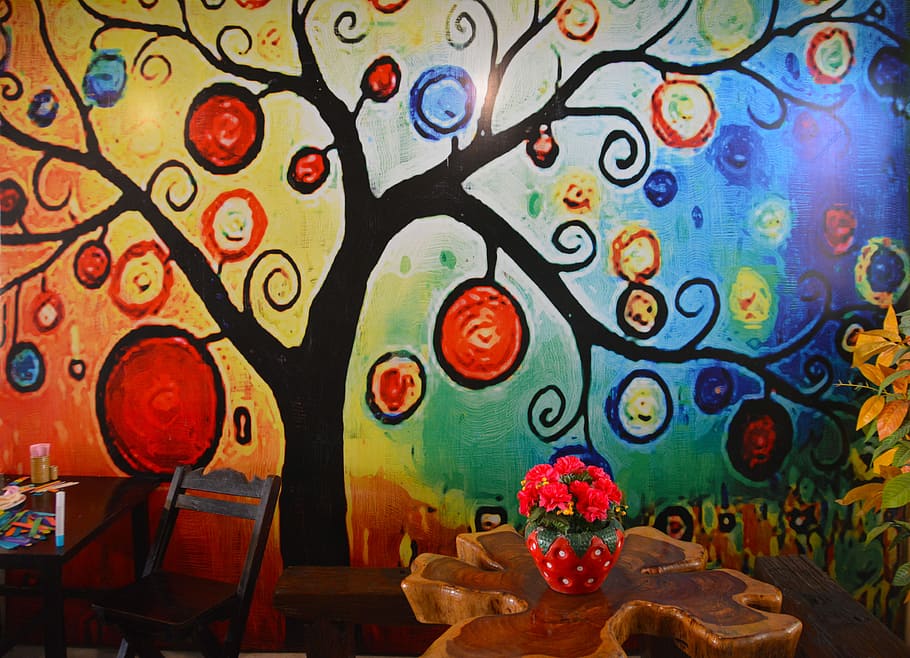 silhouette of tree with multicolored leaf painting, wooden chair HD wallpaper