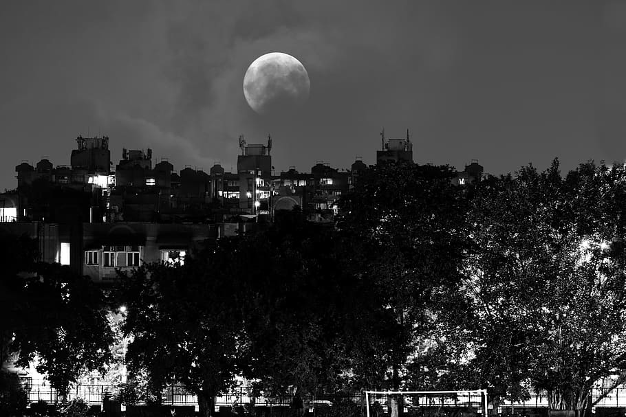 night, cityscape, cloudy night, full moon, building exterior HD wallpaper